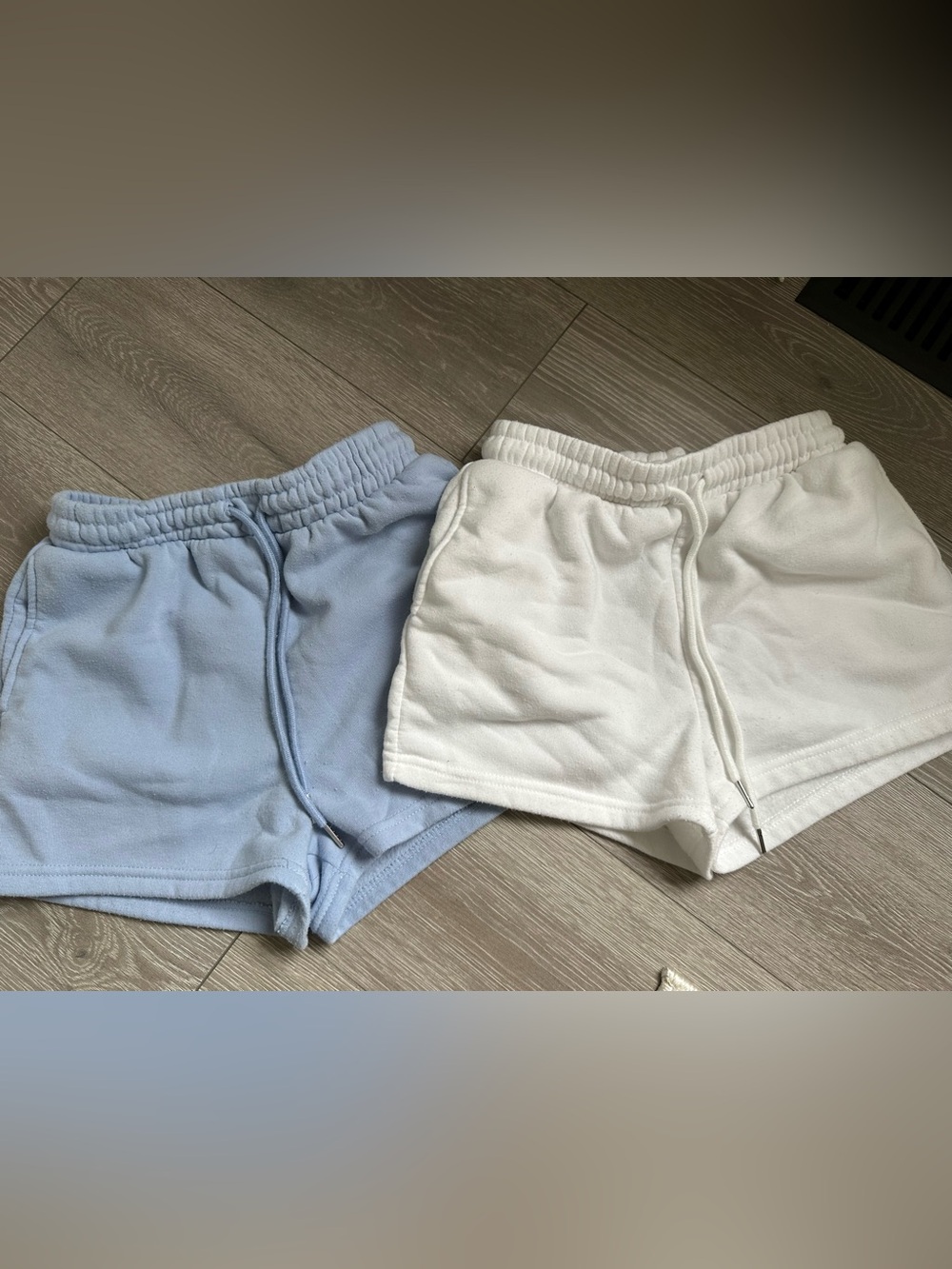 Womans Elastic Waist Terry Shorts - White & Light Blue